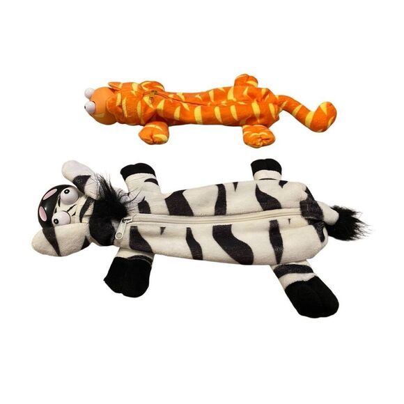 Lot Of 2 Bug Eye Zebra Cat Soft Plush Zipper Bag Zoo Animal - Picture 4 of 10